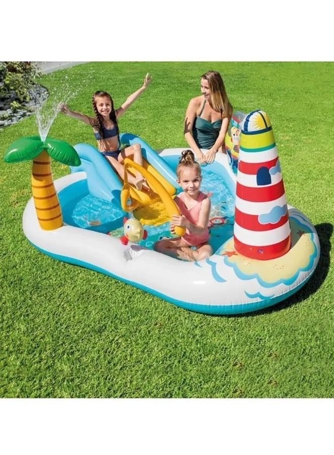 INTEX A children's pool, water games, a pirate boat-shaped slide, and a fishing lighthouse - Image 1