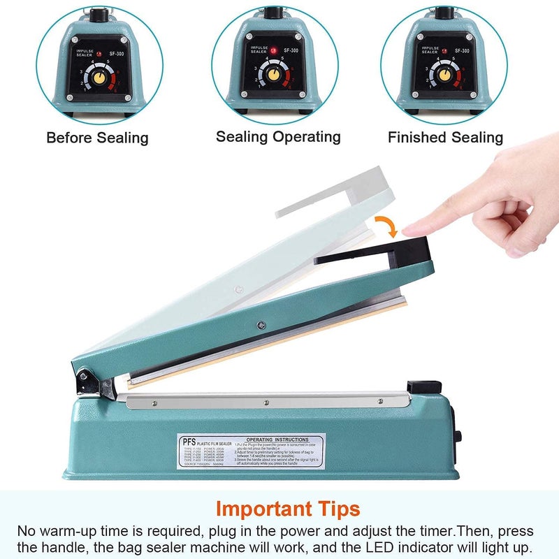 DHVAJ Manual Poly Bag Sealing Machine wAdjustable Timer Electric Heat Seal Closer 300 MM 42 X 95 X 165 CM 1 Free Replacement Kit Silver - Image 4