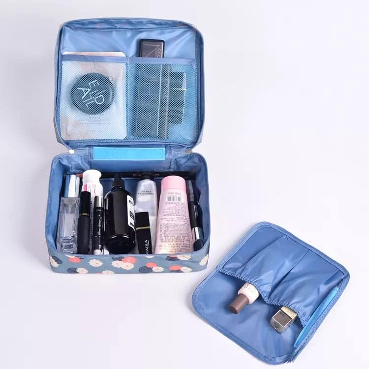 ERHETUS Multipurpose Travel Cosmetic Makeup Pouch | Multi Pockets Nylon Toiletry Bags & Travelling Pouches| Inner Ware Storage Organizer & Wash Bag for Women - Blue Flower (Size: 21x16x08 cm) - Image 3