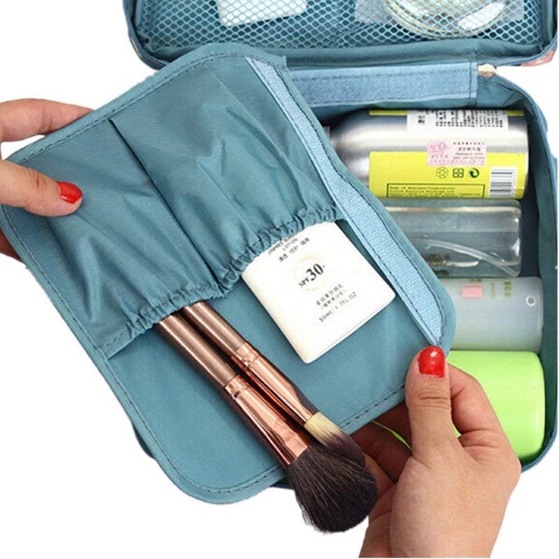 ERHETUS Multipurpose Travel Cosmetic Makeup Pouch | Multi Pockets Nylon Toiletry Bags & Travelling Pouches| Inner Ware Storage Organizer & Wash Bag for Women - Blue Flower (Size: 21x16x08 cm) - Image 5
