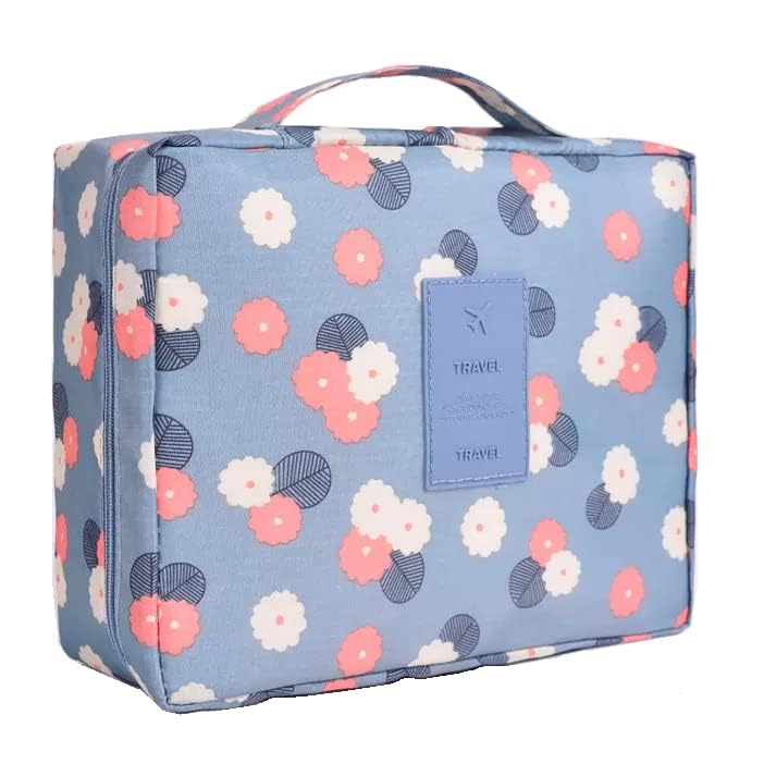 ERHETUS Multipurpose Travel Cosmetic Makeup Pouch | Multi Pockets Nylon Toiletry Bags & Travelling Pouches| Inner Ware Storage Organizer & Wash Bag for Women - Blue Flower (Size: 21x16x08 cm) - Image 2