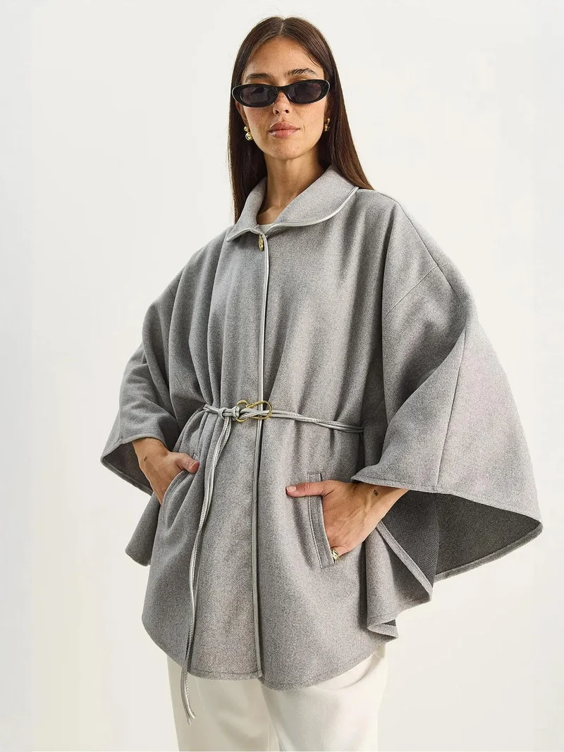 Bianco Lucci Grey LUCCI Oversized Textured Wool Blend Overcoat with Jacket Collar for Women | Best Price UAE