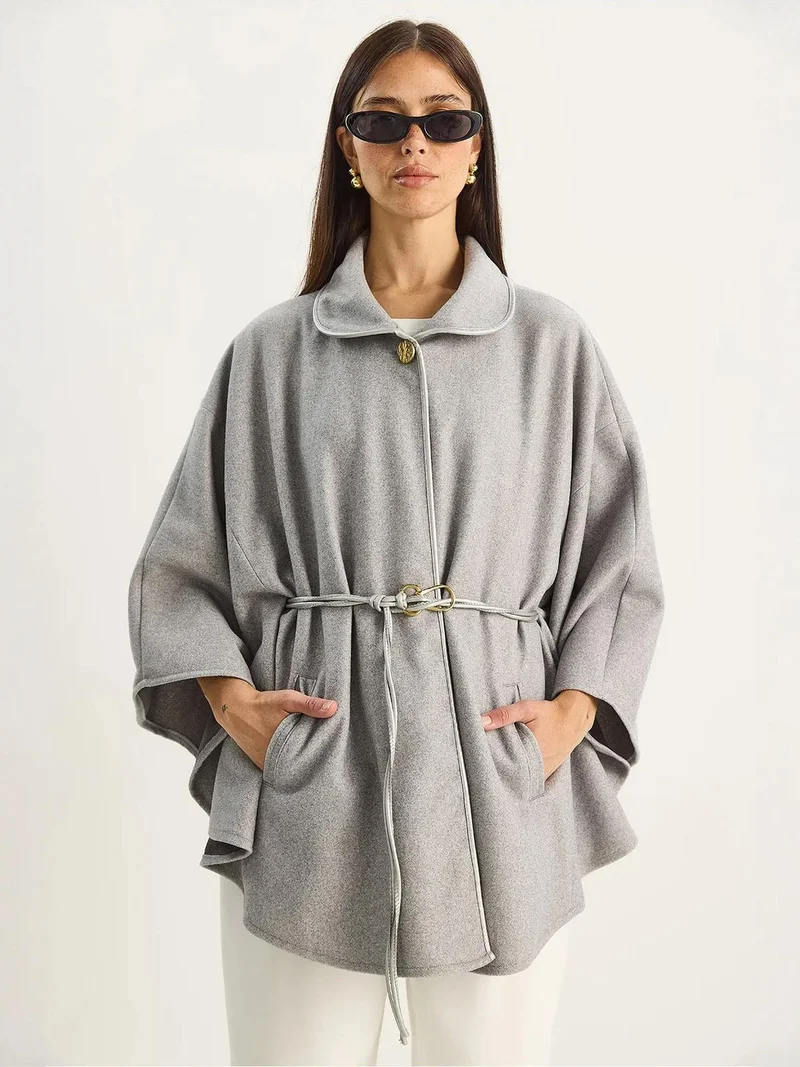Bianco Lucci LUCCI Oversized Textured Wool Blend Overcoat with Jacket Collar