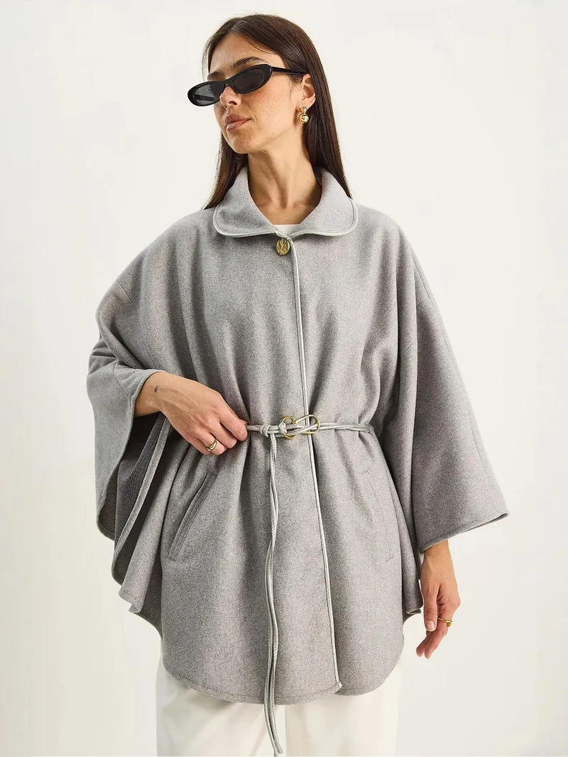 Bianco Lucci Grey LUCCI Oversized Textured Wool Blend Overcoat with Jacket Collar for Women | Best Price UAE