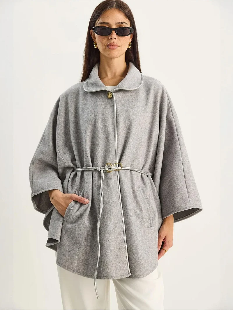Bianco Lucci Grey LUCCI Oversized Textured Wool Blend Overcoat with Jacket Collar for Women | Best Price UAE