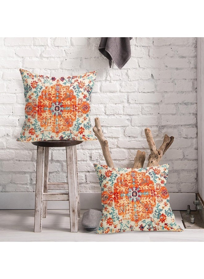 ديكور بوهو رمي غطاء وسادة، البرتقالي نمط المرجان الزهري، الكتان القديم، 18x18 بوصة، مجموعة من 2، ديكور المنزل الريفي لغرفة المعيشة، غرفة النوم، في الهواء الطلق - Image 2
