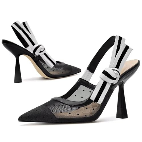 HOCHFART Slingback Heels for Women Closed Pointed Toe Mesh High Heels Bowknot Knitted Dress Work Wedding Pumps Shoes Size 8 - Image 3