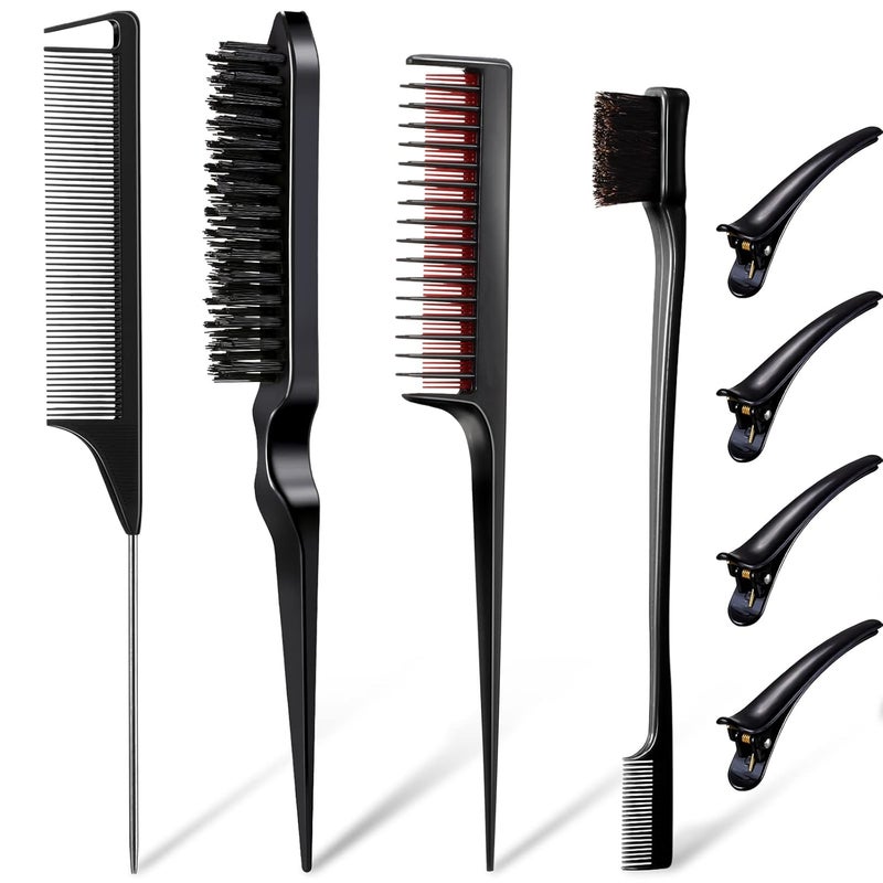 8 Pcs Hair Styling Set for Women Girls and Stylists Teasing Brush Edge Brush Triple Comb Rat Tail Comb with Clips Black