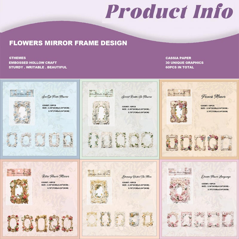 Maxleaf Vintage Frame Cards Set, 60PCS Hollow Flowers Retro Mirror Frame Collage Paper for Scrapbooking Journaling DIY Crafts Planner Diary Album Handmade Work Journal Photo Selfie Decorations - Image 4