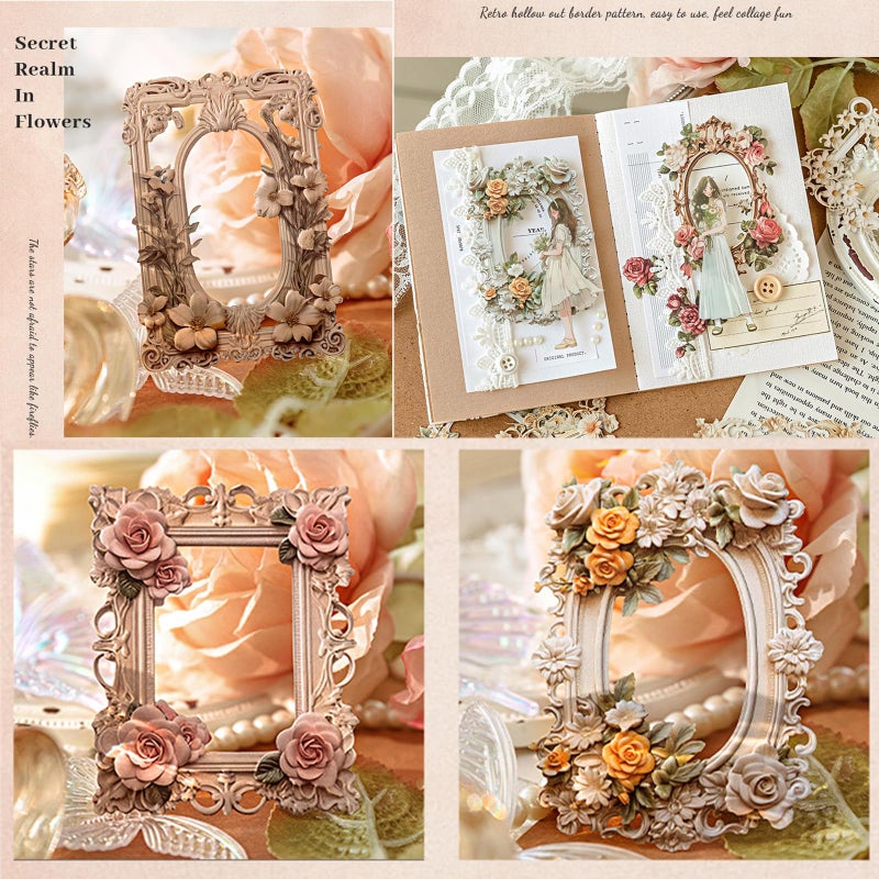 Maxleaf Vintage Frame Cards Set, 60PCS Hollow Flowers Retro Mirror Frame Collage Paper for Scrapbooking Journaling DIY Crafts Planner Diary Album Handmade Work Journal Photo Selfie Decorations - Image 5