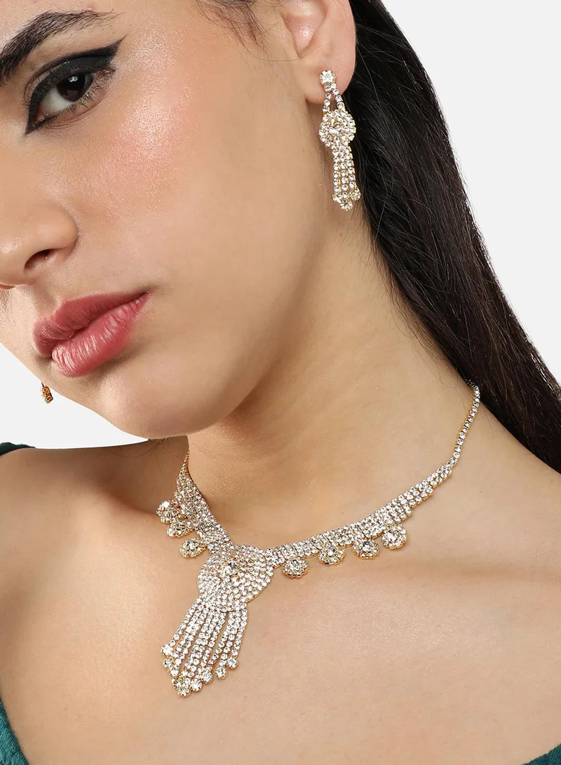 سوهي طقم قلادة وأقراط من الحجر مصمم للحفلات مطلي بالذهب