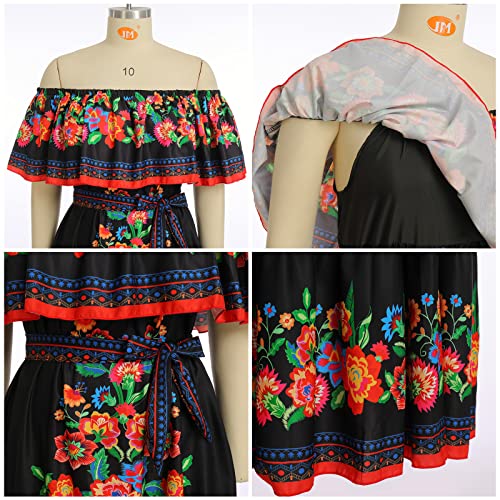 IKADEX Women Mexican Dress Off Shoulder Floral Long Maxi Dress Summer Beach Party Cinco de Mayo Dresses with Belt Black XL - Image 5