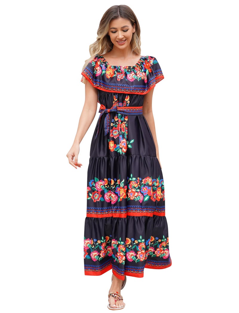 IKADEX Women Mexican Dress Off Shoulder Floral Long Maxi Dress Summer Beach Party Cinco de Mayo Dresses with Belt Black XL - Image 2