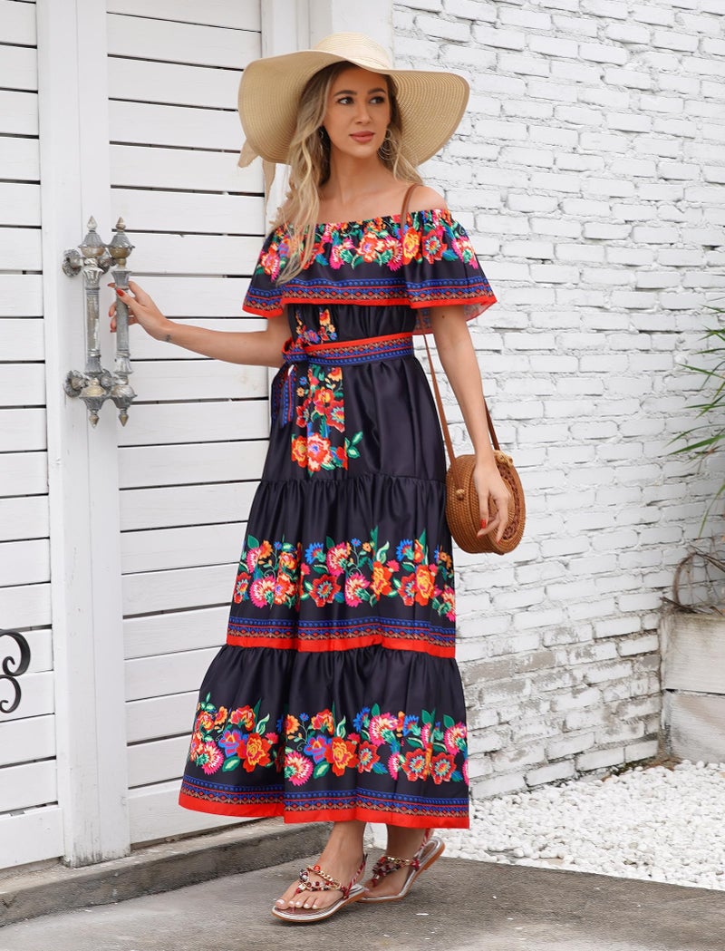 IKADEX Women Mexican Dress Off Shoulder Floral Long Maxi Dress Summer Beach Party Cinco de Mayo Dresses with Belt Black XL - Image 3
