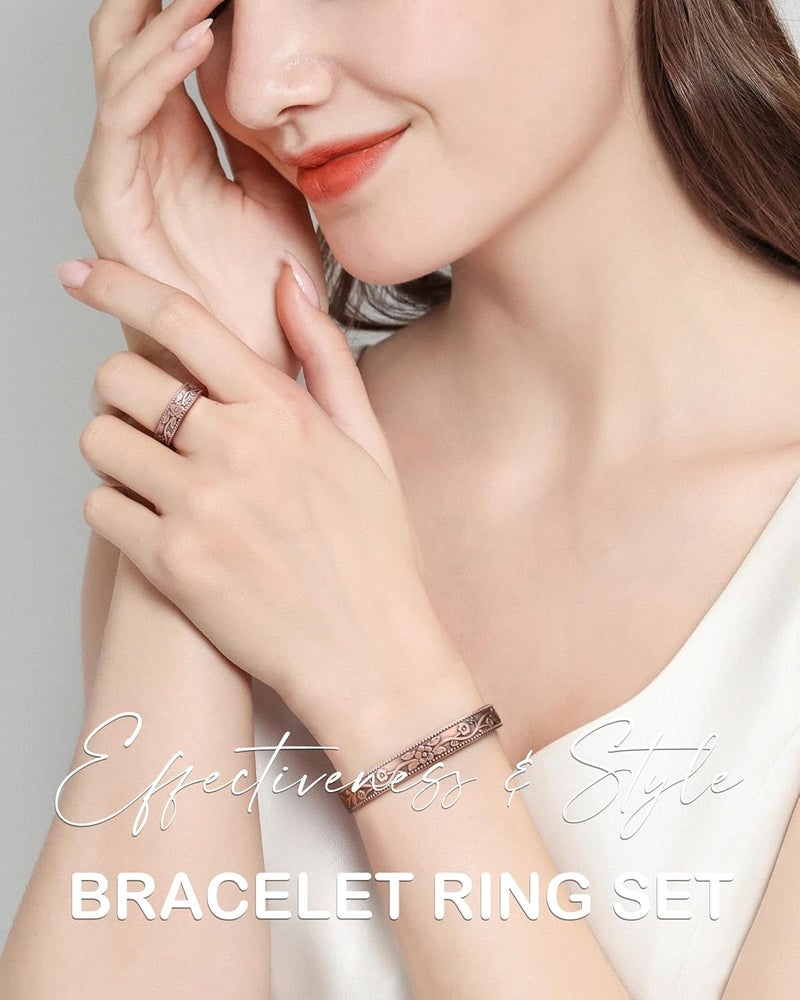 Feraco Copper Bracelet & Lymphatic Drainage Rings for Women, Vintage Flower Magnetic Cuff Bangle, 99.99% Pure Copper with Neodymium Magnets, Adjustable with Gift Box - Image 3