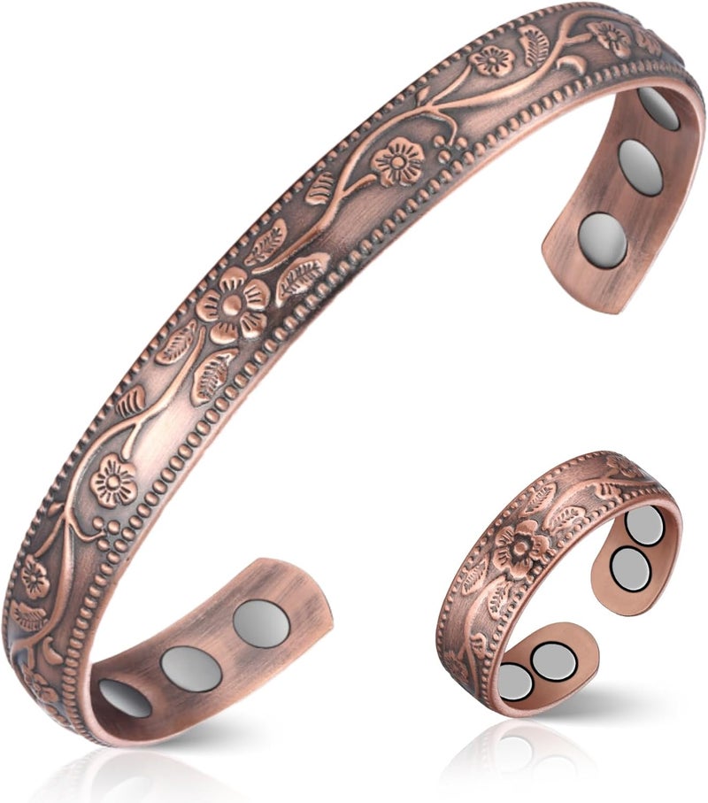 Feraco Copper Bracelet & Lymphatic Drainage Rings for Women, Vintage Flower Magnetic Cuff Bangle, 99.99% Pure Copper with Neodymium Magnets, Adjustable with Gift Box - Image 1