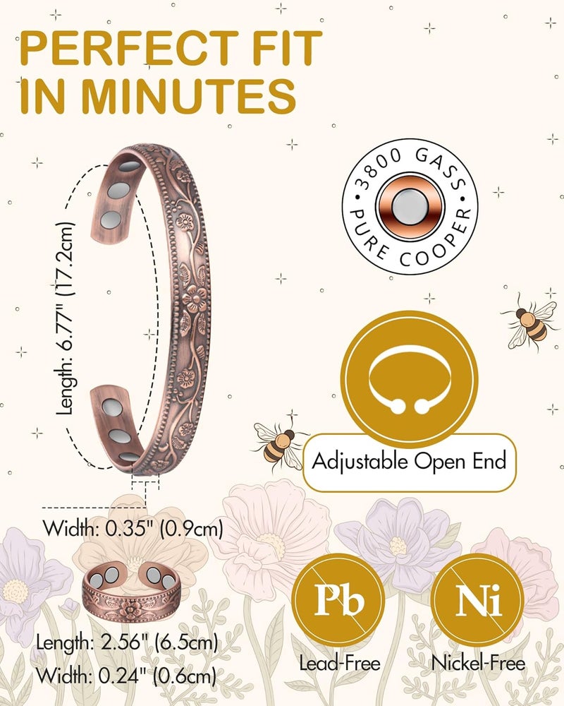 Feraco Copper Bracelet & Lymphatic Drainage Rings for Women, Vintage Flower Magnetic Cuff Bangle, 99.99% Pure Copper with Neodymium Magnets, Adjustable with Gift Box - Image 5