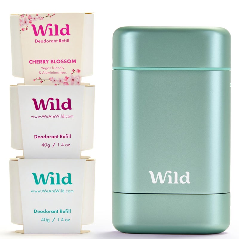 Wild Aluminum Free Deodorant Starter Kit - Refillable Stick Deodorant with Aqua Applicator Case & Vegan Refill Variety Pack - Fresh Cotton & Sea Salt, Cherry Blossom and Coconut & Vanilla Scents - Image 1