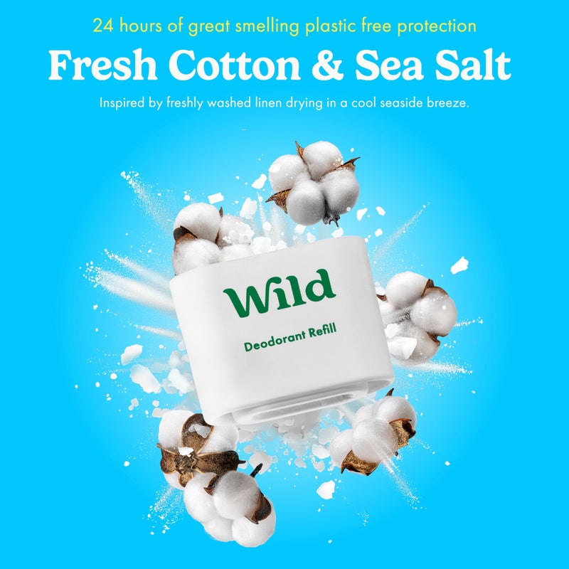 Wild Aluminum Free Deodorant Starter Kit - Refillable Stick Deodorant with Aqua Applicator Case & Vegan Refill Variety Pack - Fresh Cotton & Sea Salt, Cherry Blossom and Coconut & Vanilla Scents - Image 5