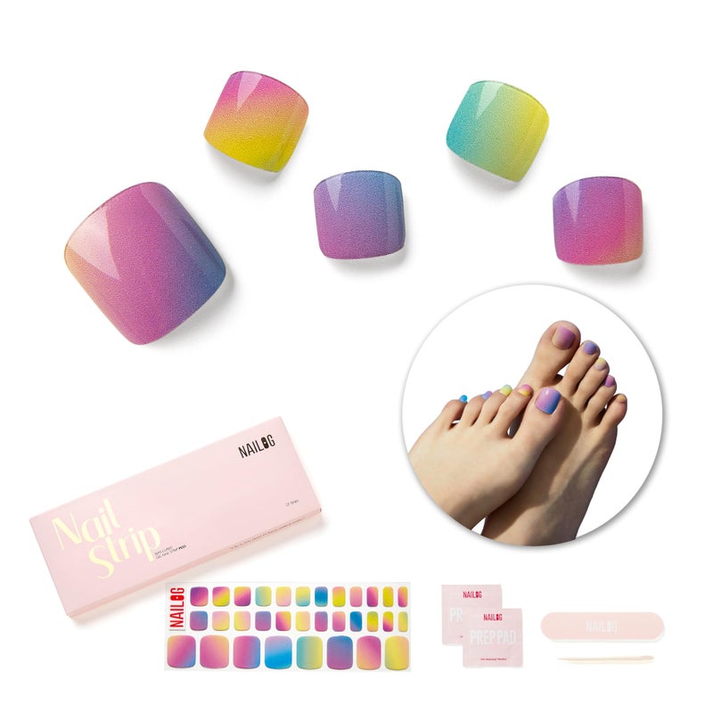 NAILOG Semi Cured Gel Nail Strips Toe Nail Polish Strips with Glossy Gel Finishing Buy 3 Get 1 UV Lamp 32 Pieces Long Lasting Pedi Stickers Rainbow - Image 3