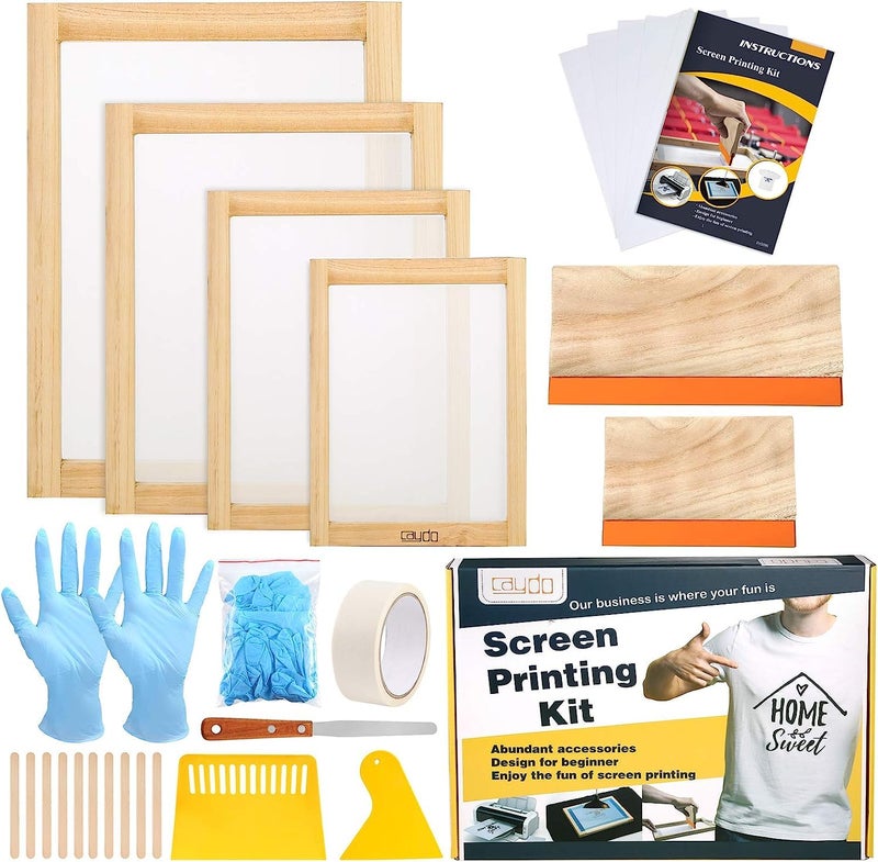 Caydo 31 Pieces Screen Printing Starter kit Include 4 Different Size of Wood Silk Screen Printing Frame with 110 Mesh Squeegees Inkjet Transparency Film Ink Knife Gloves and Mask Tape