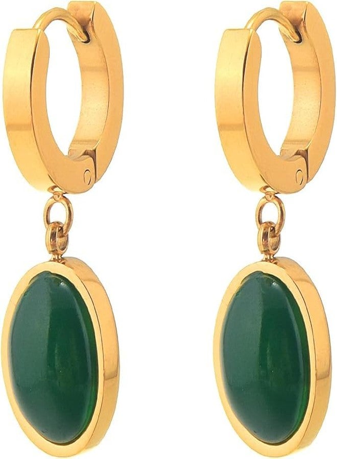 FinchGold أقراط أنيقة للنساء، مصنوعة من الذهب المطلي، مرصعة بحجر اليشم الأخضر، بتصميم حلقي متدلي من الفولاذ المقاوم للصدأ، بيضاوي الشكل، مرصعة بكريستال اليشم. - Image 5