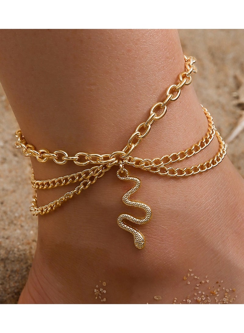 سوار كاحل ثعبان سلسلة تمديد مجوهرات قدم رقيقة من سبائك معدنية للنساء والفتيات هدية مثالية لعيد الميلاد أو عيد الحب باللون الذهبي - Image 1
