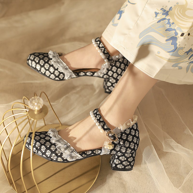 2024 Summer Chinese Style Mid-Heel Shoes 33-47 Lace Edge Sweet Pearl Hollow Sandals - Image 4