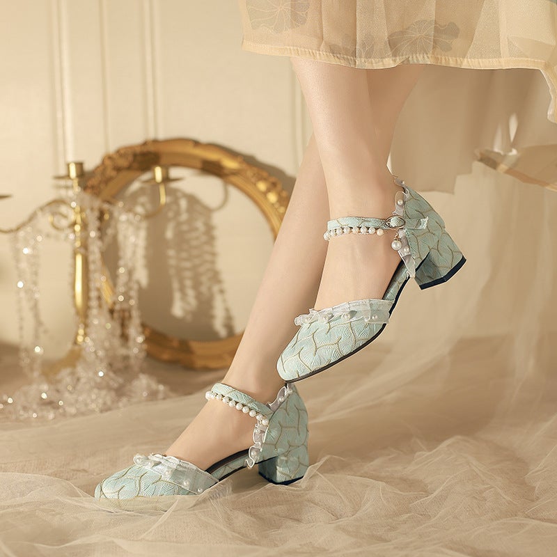 2024 Summer Chinese Style Mid-Heel Shoes 33-47 Lace Edge Sweet Pearl Hollow Sandals - Image 5