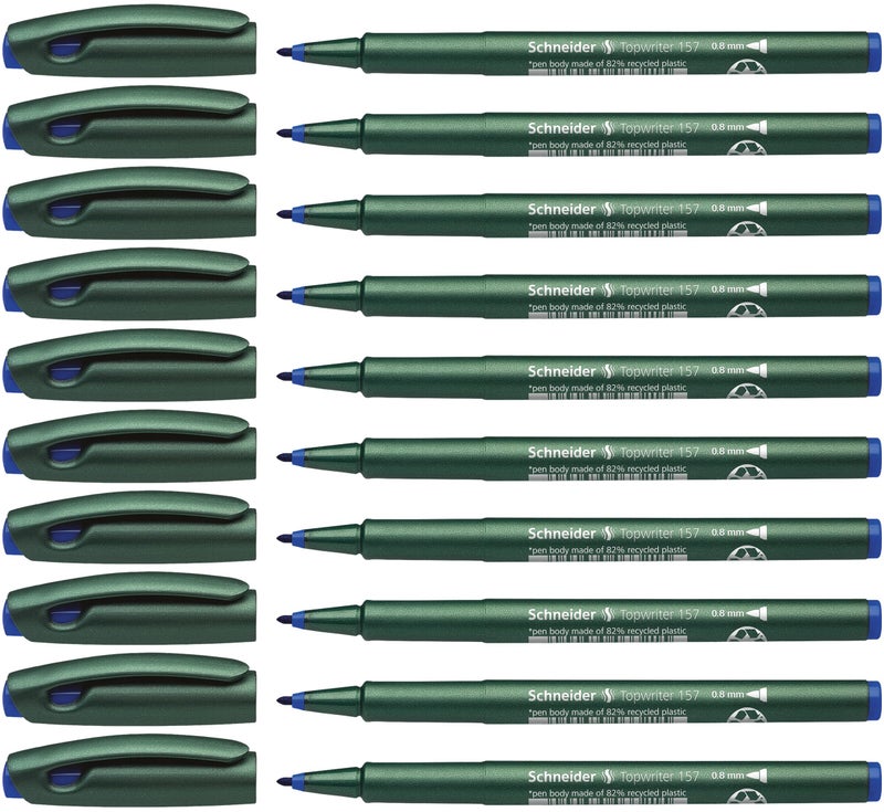 Schneider قلم شرايدر توبرايتر 157 برأس ألياف، 0.8 مم، أسطوانة خضراء، حبر أزرق، علبة من 10 أقلام (115703) - Image 1