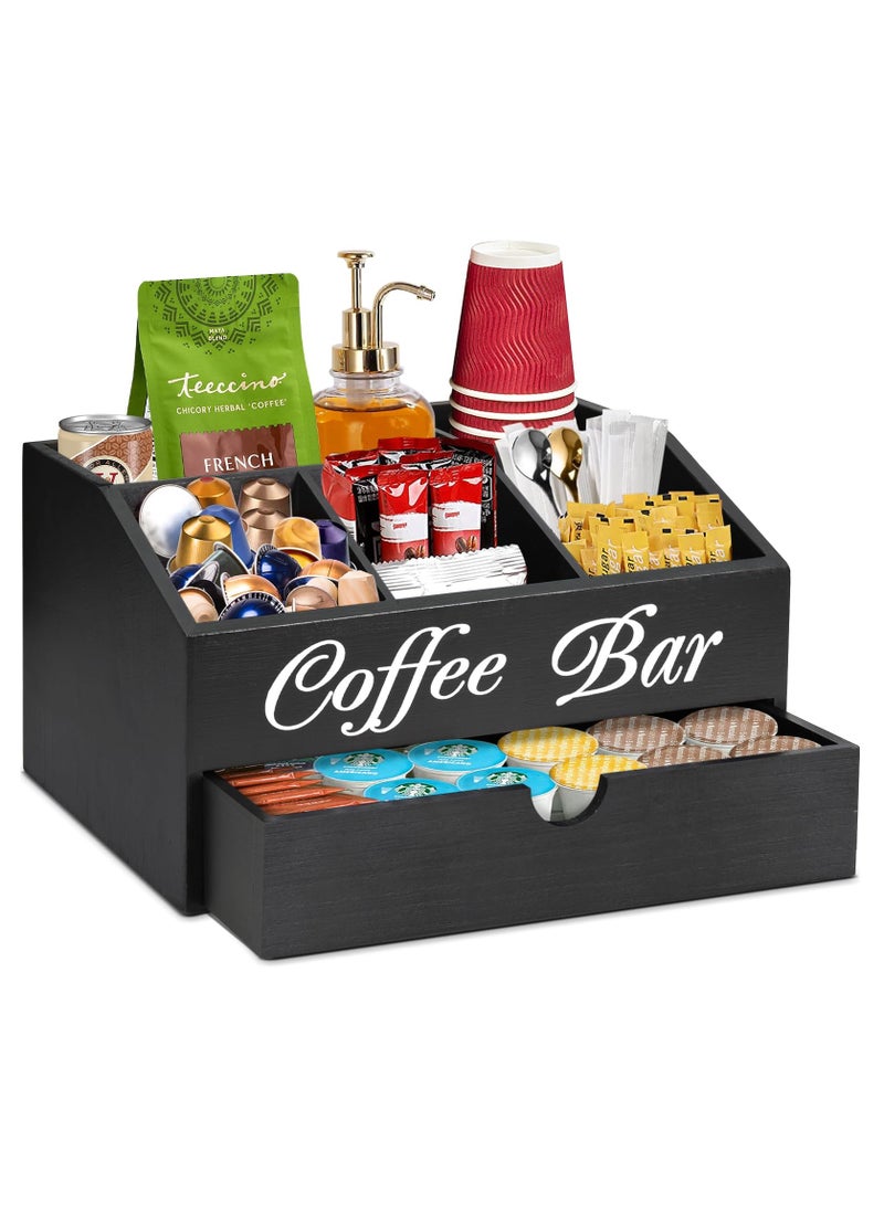 شو وو طاولة تنظيم بار القهوة، منظم ملحقات بار القهوة الخشبي مع درج، منظم محطة القهوة، حامل كبسولات القهوة، سلة تخزين، محطة تنظيم توابل القهوة والشاي في المزرعة - Image 1