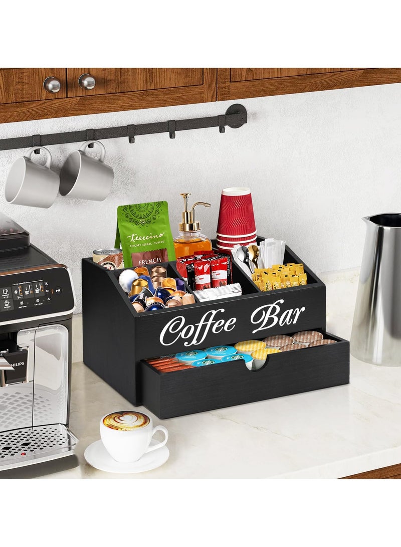 شو وو طاولة تنظيم بار القهوة، منظم ملحقات بار القهوة الخشبي مع درج، منظم محطة القهوة، حامل كبسولات القهوة، سلة تخزين، محطة تنظيم توابل القهوة والشاي في المزرعة - Image 3