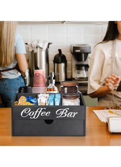 XiuWoo Coffee Bar Organizer Countertop, Wooden Coffee Bar Accessories Organizer With Drawer, Coffee Station Organizer Coffee Pods Holder Storage Basket, Farmhouse Coffee and Tea Condiment Organizer Station  - Image 4