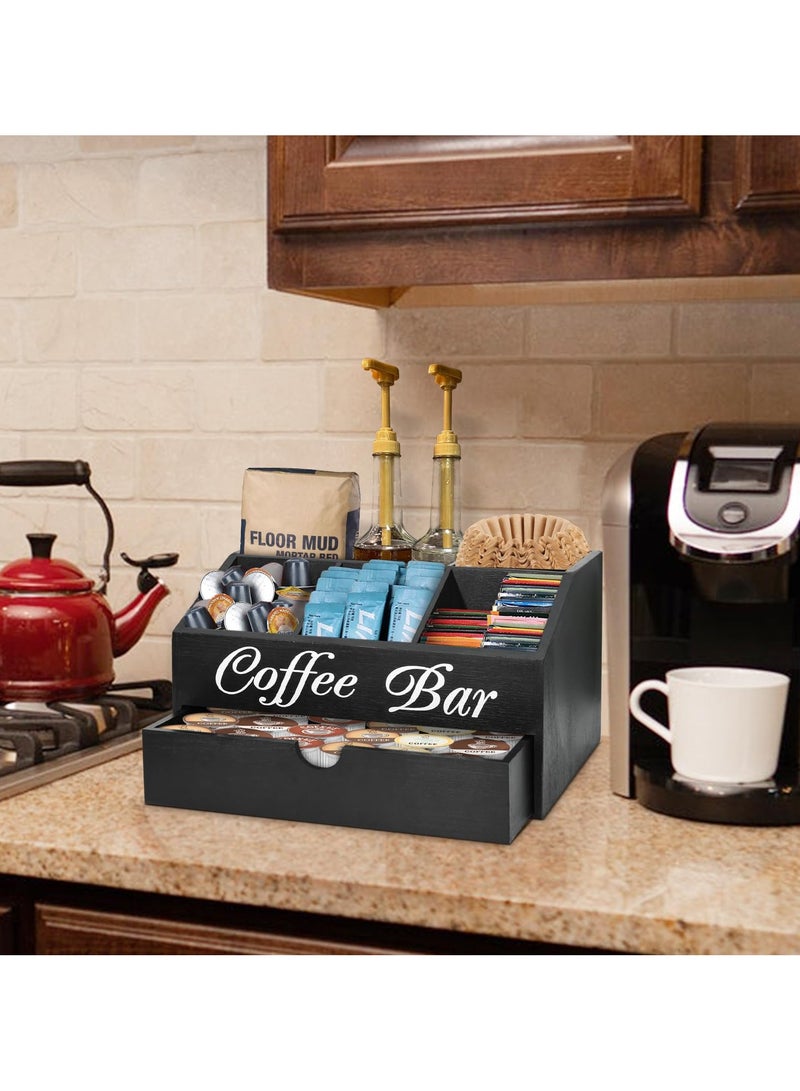 شو وو طاولة تنظيم بار القهوة، منظم ملحقات بار القهوة الخشبي مع درج، منظم محطة القهوة، حامل كبسولات القهوة، سلة تخزين، محطة تنظيم توابل القهوة والشاي في المزرعة - Image 5