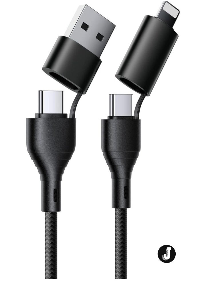 "4-in-1 Fast Charging Cable – USB to Lightning, USB to Type-C, Type-C to Lightning 20W, Type-C to Type-C 60W, Nylon Braided for iPhone, Samsung, Huawei & Tablets"