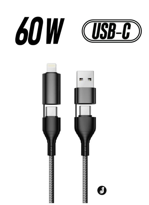 "4-in-1 Fast Charging Cable – USB to Lightning, USB to Type-C, Type-C to Lightning 20W, Type-C to Type-C 60W, Nylon Braided for iPhone, Samsung, Huawei & Tablets"