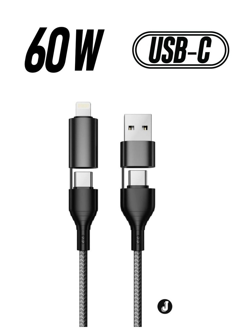"4-in-1 Fast Charging Cable – USB to Lightning, USB to Type-C, Type-C to Lightning 20W, Type-C to Type-C 60W, Nylon Braided for iPhone, Samsung, Huawei & Tablets"