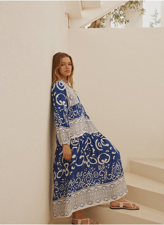 trendyol Blue Shawl Patterned Button Detailed Woven Dress TCTSS24EB00244  - Image 1
