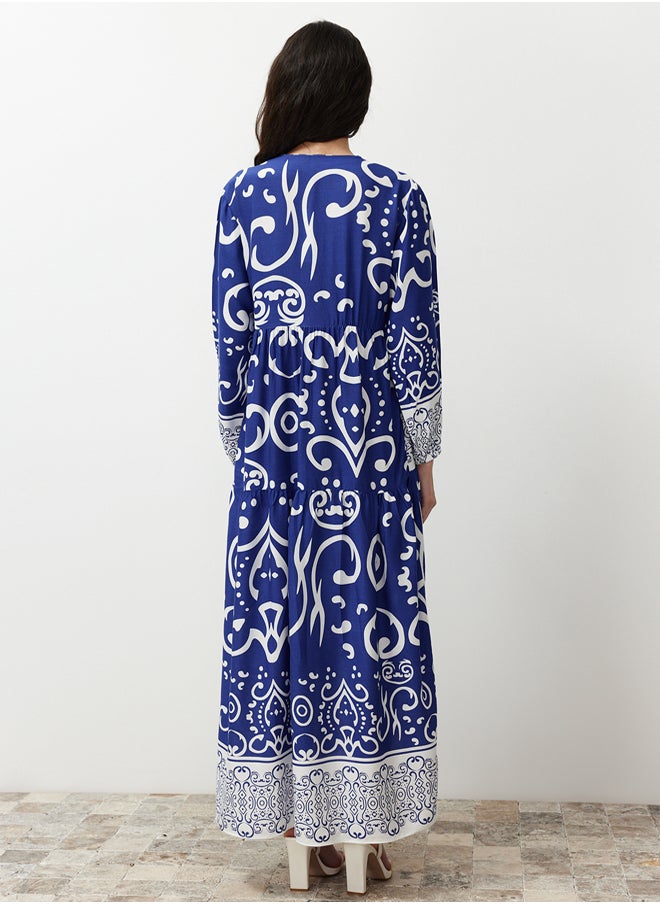 Blue Shawl Patterned Button Detailed Woven Dress TCTSS24EB00244