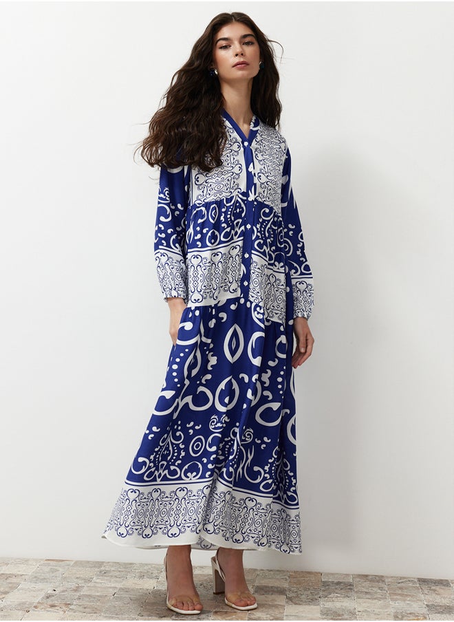 trendyol Blue Shawl Patterned Button Detailed Woven Dress TCTSS24EB00244  - Image 4