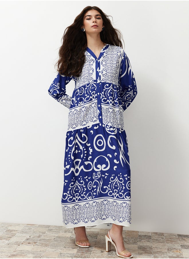 trendyol Blue Shawl Patterned Button Detailed Woven Dress TCTSS24EB00244  - Image 3