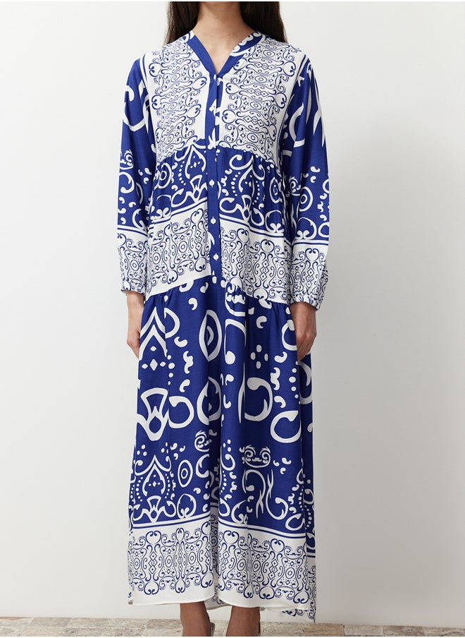 trendyol Blue Shawl Patterned Button Detailed Woven Dress TCTSS24EB00244  - Image 5