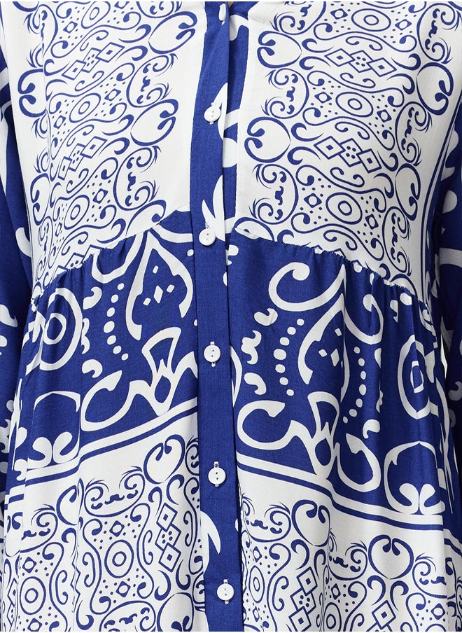 Blue Shawl Patterned Button Detailed Woven Dress TCTSS24EB00244