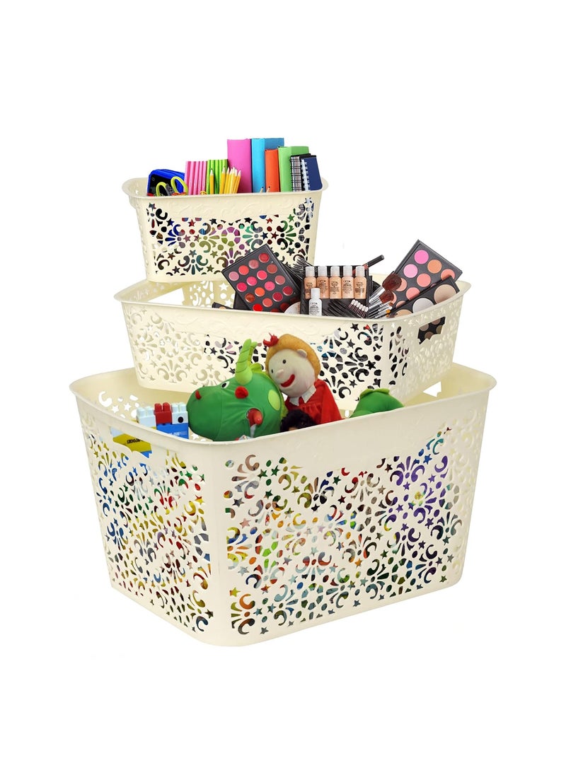 Cutting EDGE Cutting EDGE Plastic Turkish Basket Set Big x 1 Medium x 1 Small x1 Storage Basket Without Lid Sturdy Multipurpose Solitaire Organizer Tray for Kitchen Office Stationary Laundry White  - Image 1