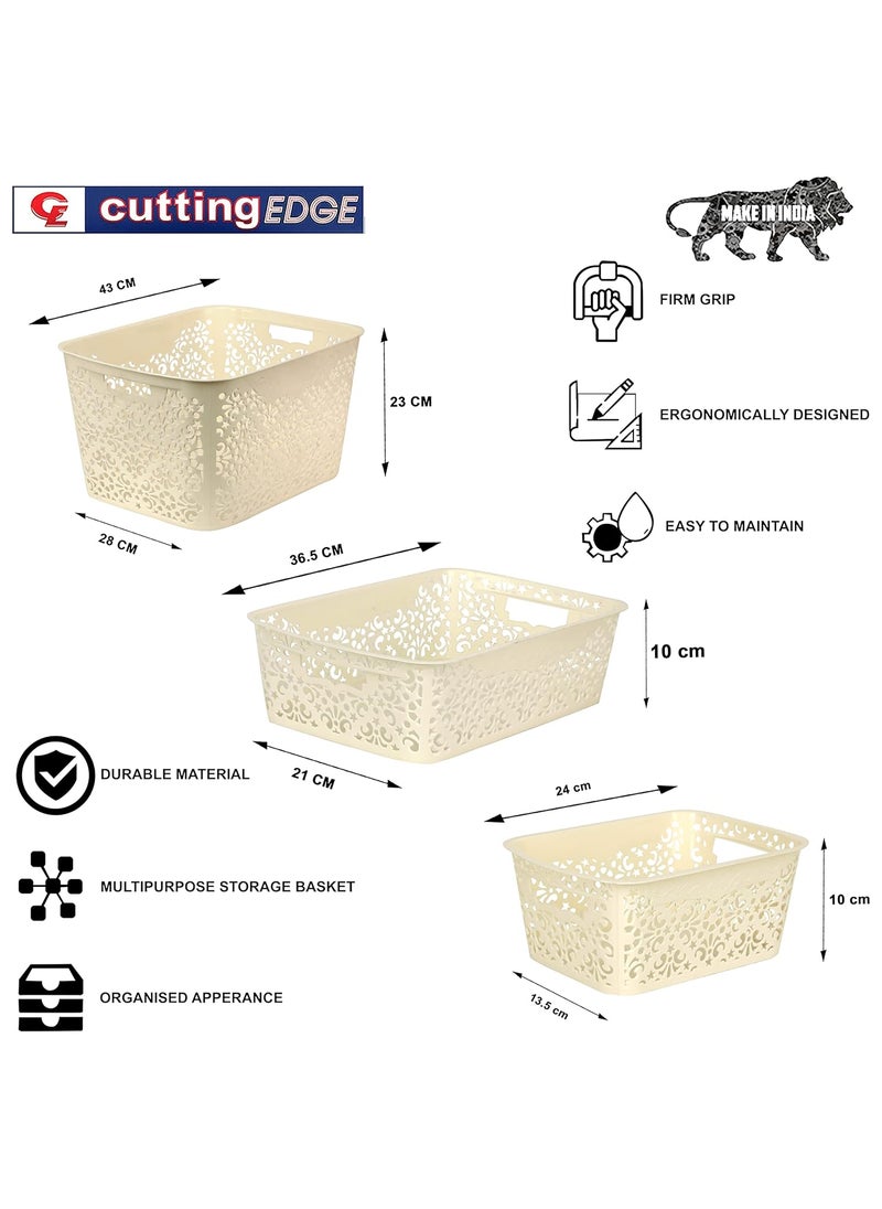 Cutting EDGE Cutting EDGE Plastic Turkish Basket Set Big x 1 Medium x 1 Small x1 Storage Basket Without Lid Sturdy Multipurpose Solitaire Organizer Tray for Kitchen Office Stationary Laundry White  - Image 3