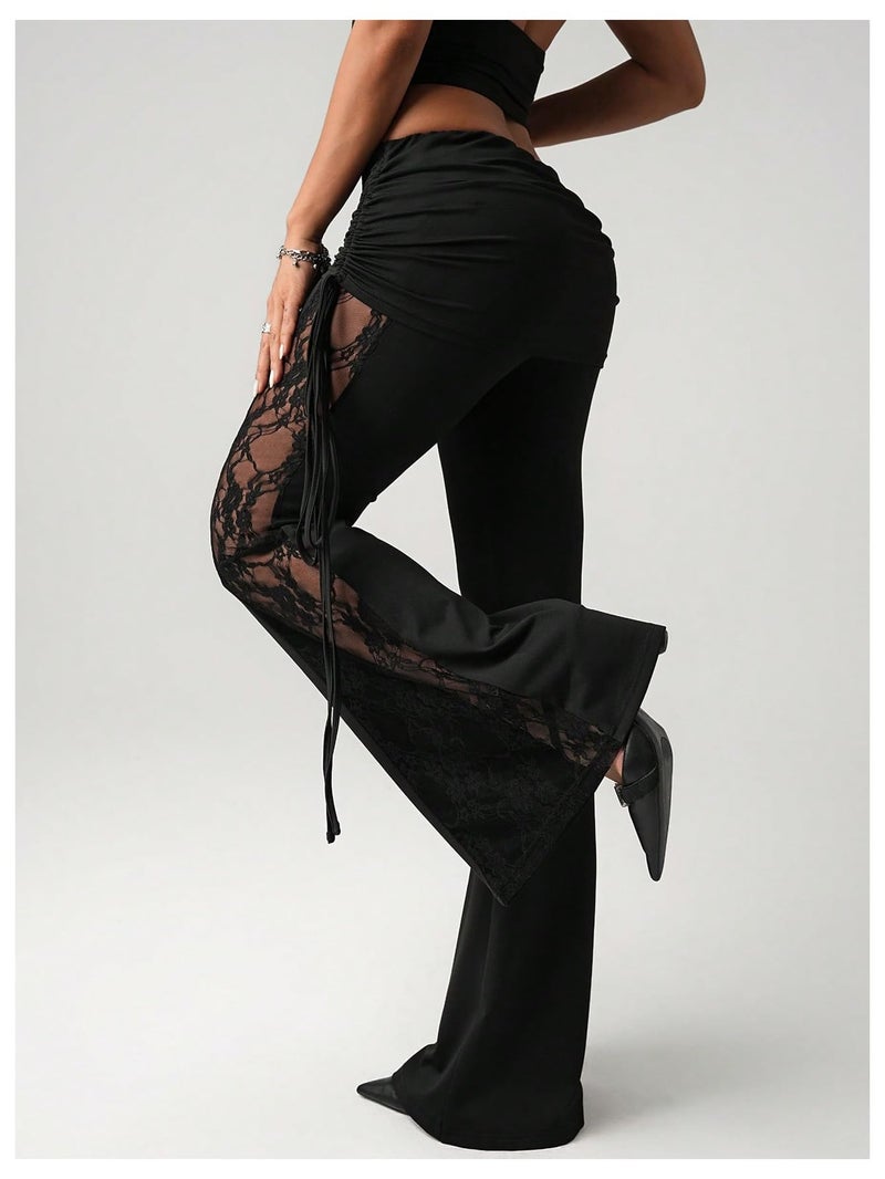 Verdusa Women's Lace Pants Fold Over Flare Leggings Bell Bottoms Rave Outfits Going Out Black Small - Image 4