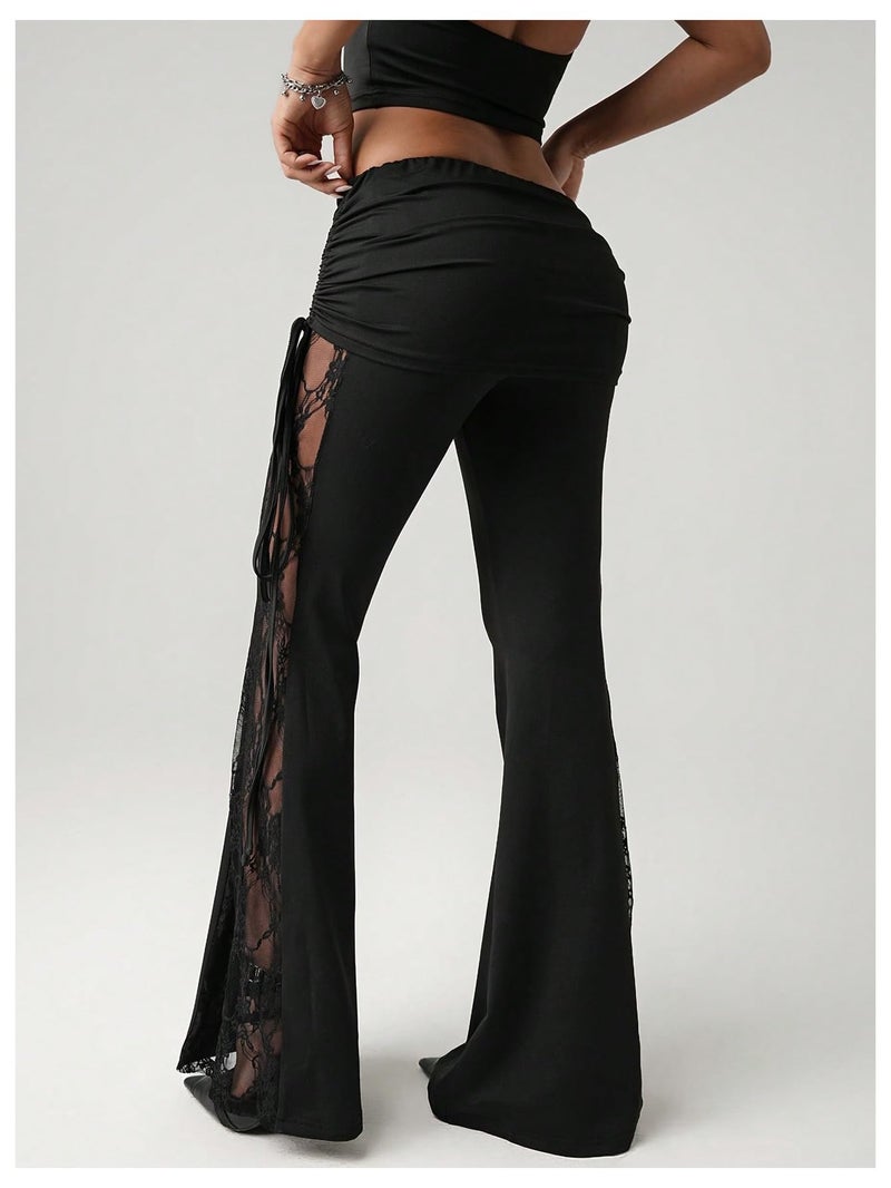 Verdusa Women's Lace Pants Fold Over Flare Leggings Bell Bottoms Rave Outfits Going Out Black Small - Image 2
