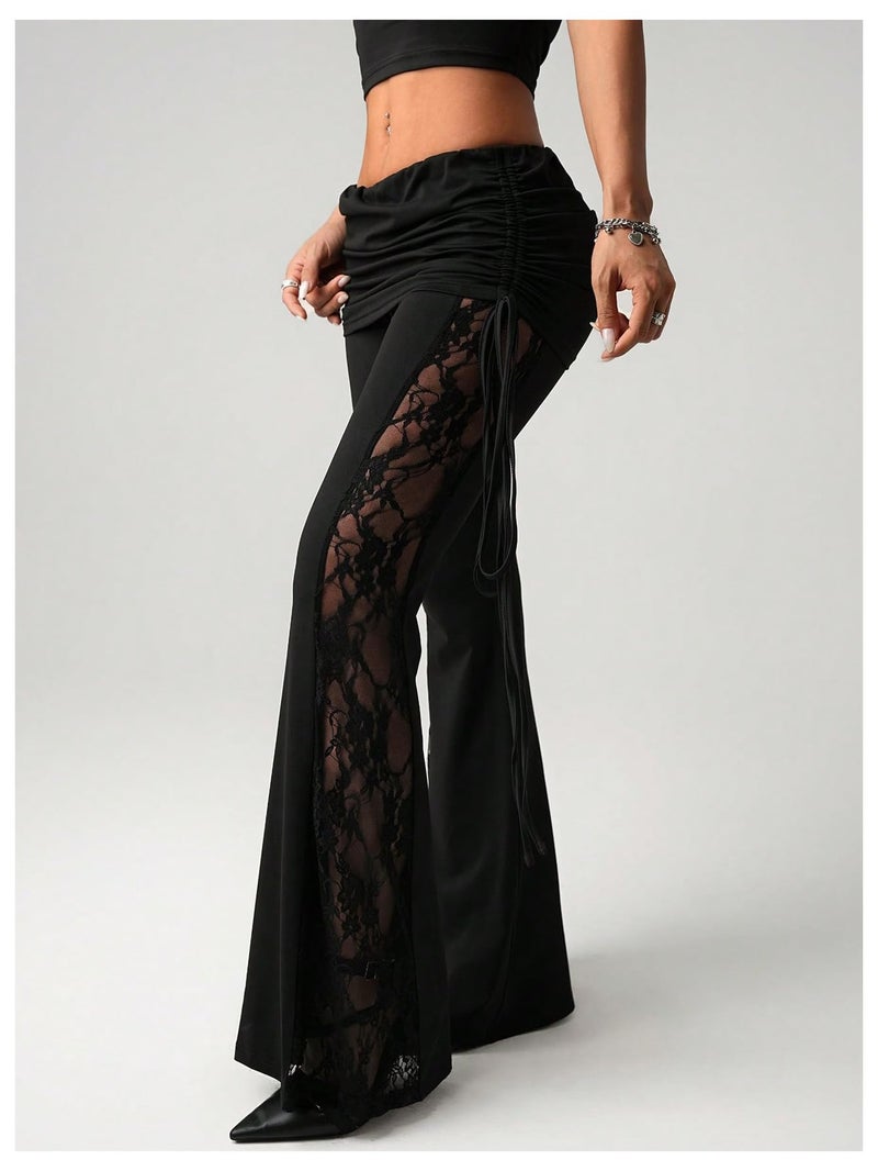 Verdusa Women's Lace Pants Fold Over Flare Leggings Bell Bottoms Rave Outfits Going Out Black Small - Image 5