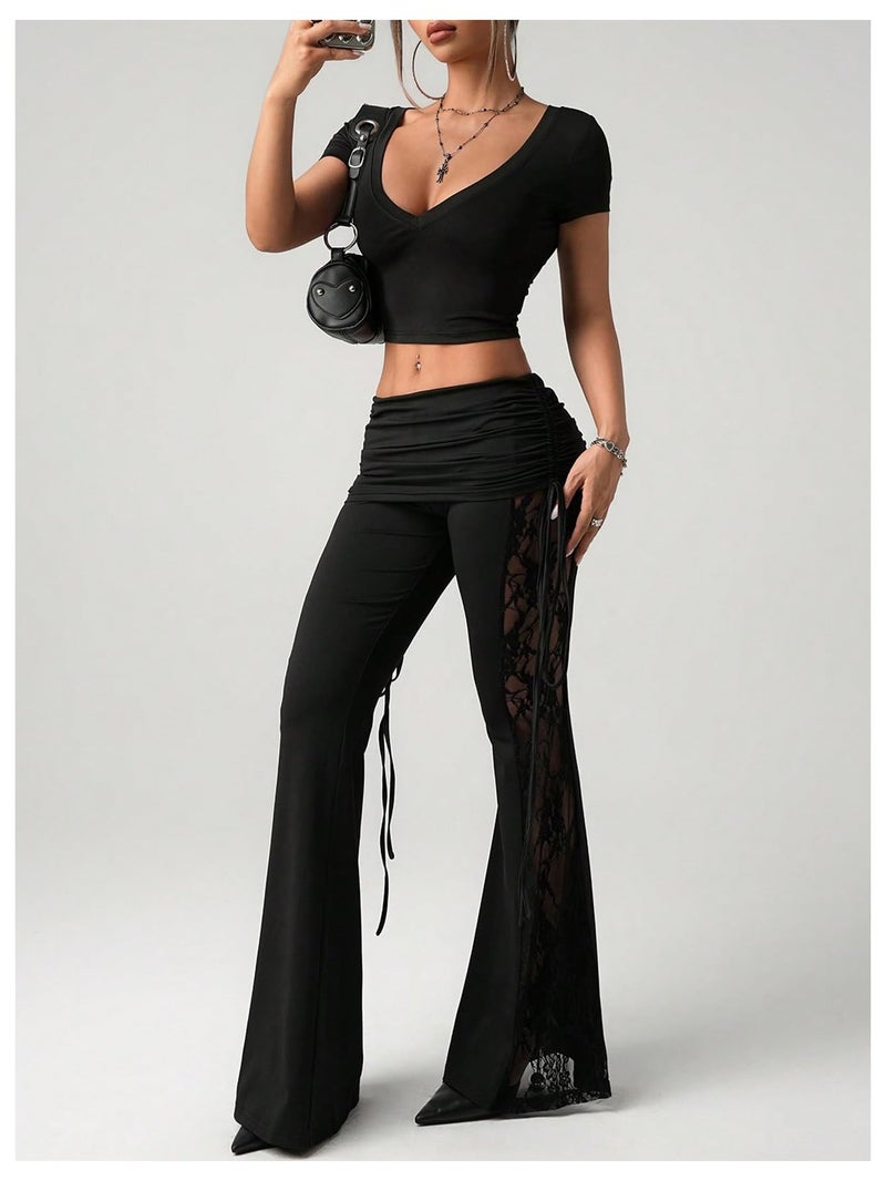 Verdusa Women's Lace Pants Fold Over Flare Leggings Bell Bottoms Rave Outfits Going Out Black Small - Image 3