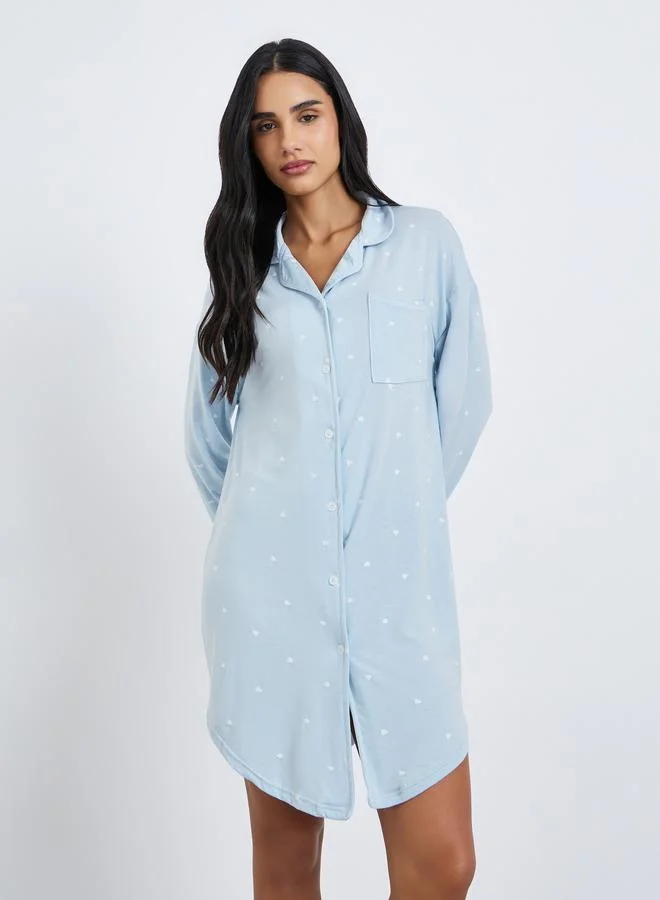 Styli Women Blue Heart Print Long Sleeve Nightshirt